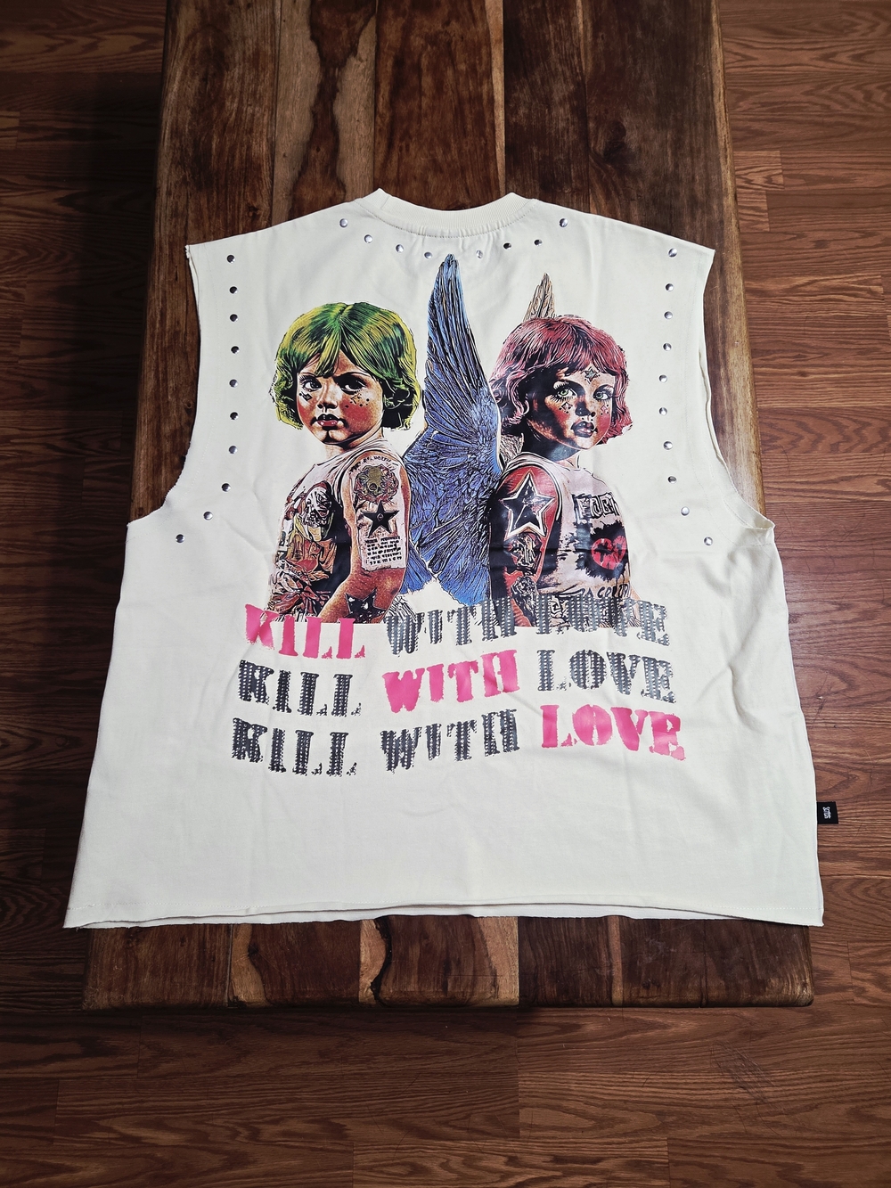 Switch Men's Sleeveless Cream Graphic Sleeveless Tee With Metal Studded Design.